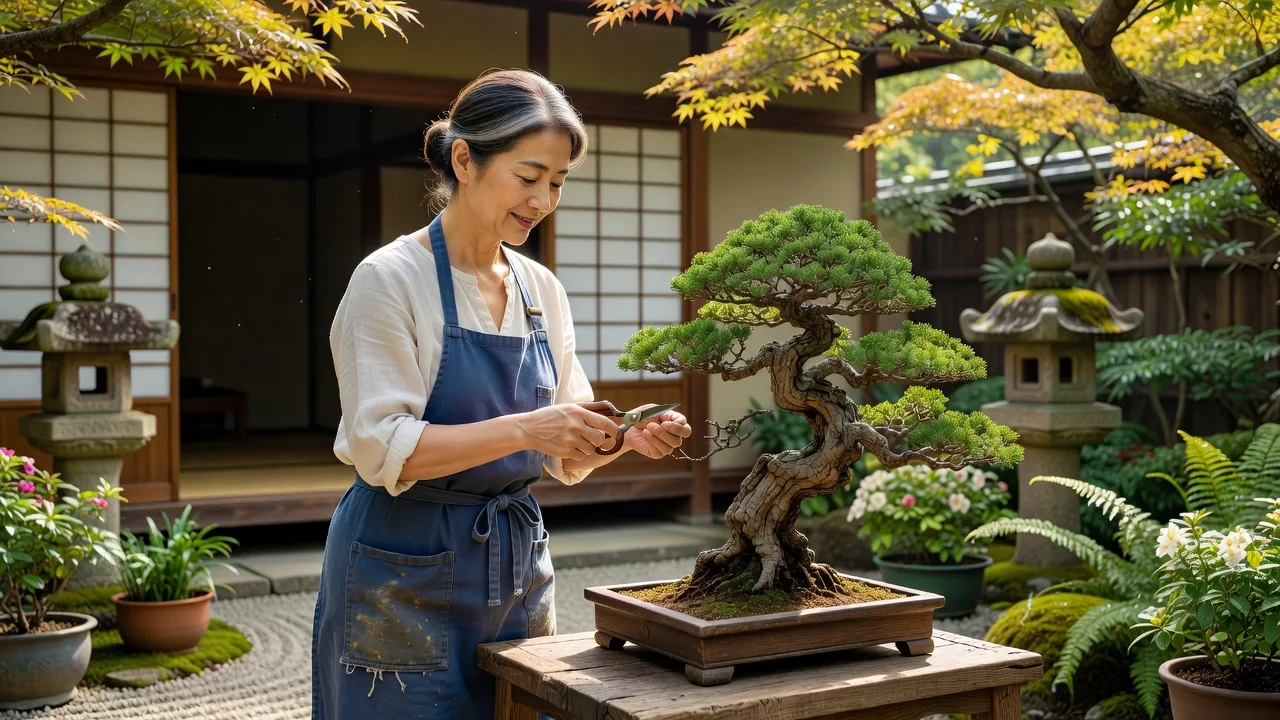 自宅で盆栽を手入れする女性